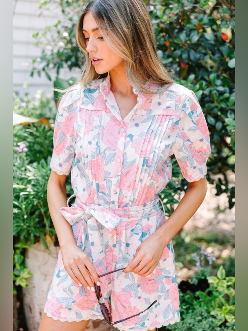 Fate Pink and Blue Floral Romper with Crochet Trim